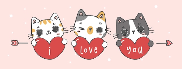 Cute I love you Valentine greeting card banner with group of kawaii kitten cats breeds hug heart