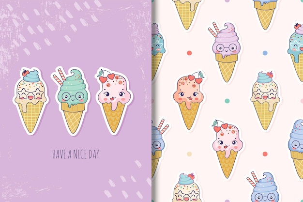 Cute ice cream cartoon characters card and seamless patterns for kids for summer days