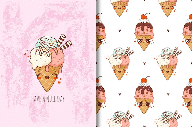 Vector cute ice cream cartoon characters cards and seamless patterns for summer days