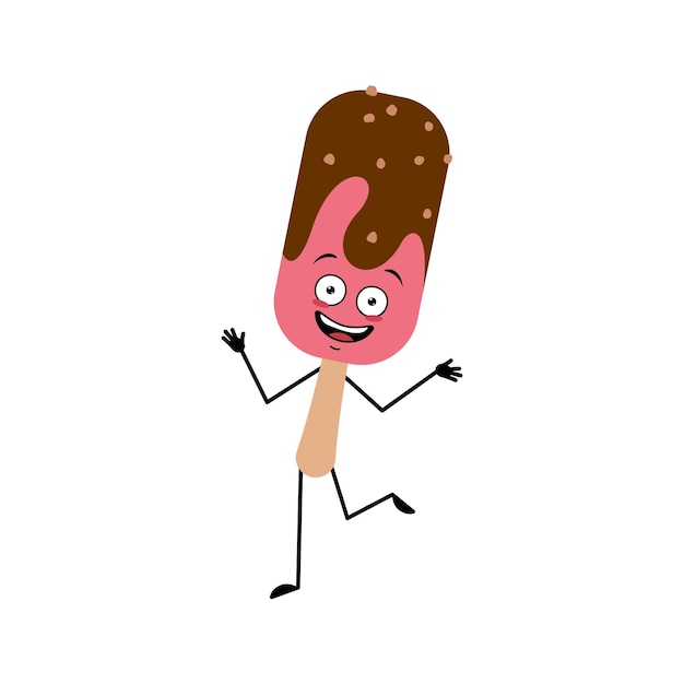 Cute ice cream character with emotions dancing smile face arms and legs