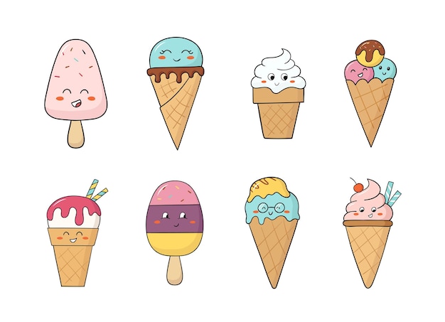 Набор милых персонажей мороженого. иллюстрации шаржа, изолированные на белом фоне.