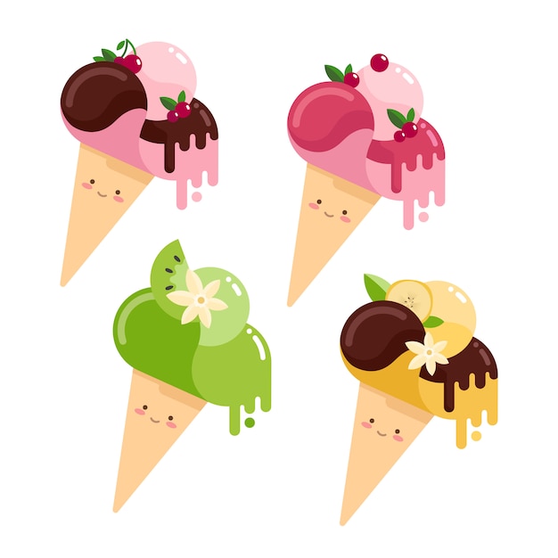 Cute ice cream characters with various topping