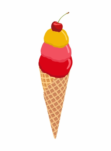 可愛いアイスクリームコンの漫画イラスト 白い背景に隔離されたチェリーのフラットデザイン