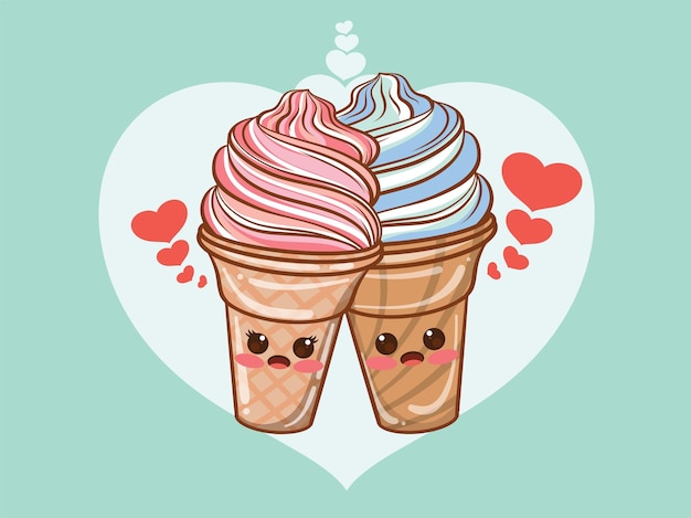 Vector cute ice cream couple concept. cartoon