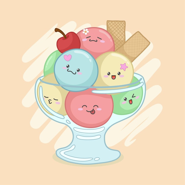 Vector cute ice cream in a glass bowl