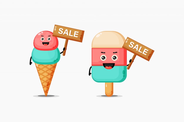 Cute ice cream is happy with the sales sign