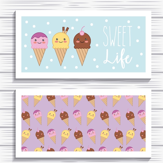 Cute ice cream kawaii cartoon sweet life cards