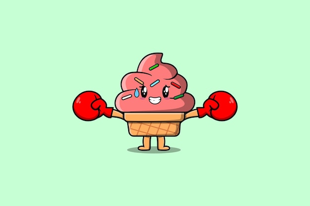 Cute ice cream mascot cartoon playing sport with boxing gloves and cute stylish design