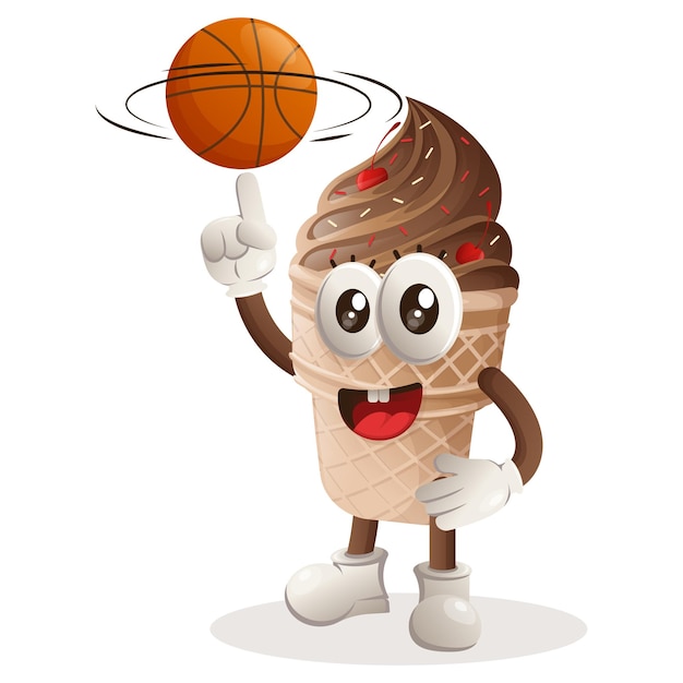 Cute ice cream mascot playing basketball freestyle with ball