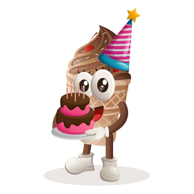 Premium Vector | Cute Ice Cream Mascot Wearing A Birthday Hat Holding  Birthday Cake