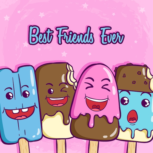 Vector cute ice cream stick with funny face and best friends ever for tagline on pink