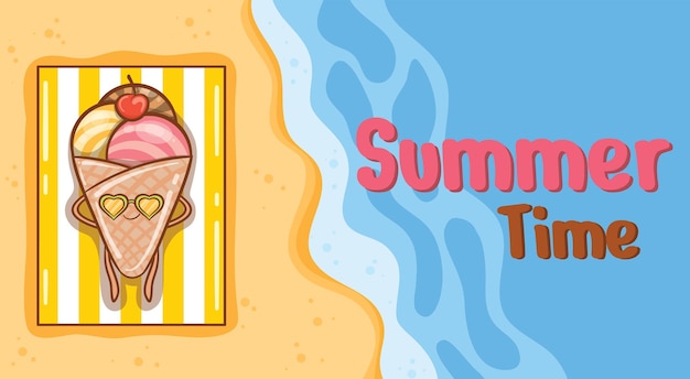 Cute ice cream sunbathing on the beach with a summer greeting banner