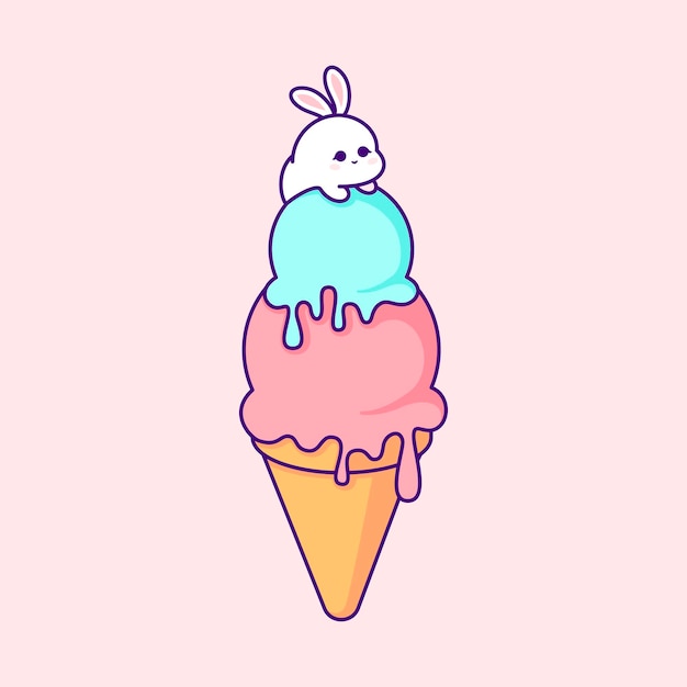 Vettore gelato carino con illustrazione di clip art vettoriale coniglietto deliziosa illustrazione di clip art vettoriale che mostra un simpatico gelato con un coniglietto in colori vivaci ispirati allo stile kawaii