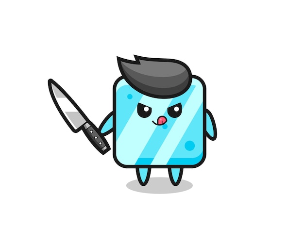 Cute ice cube mascot as a psychopath holding a knife