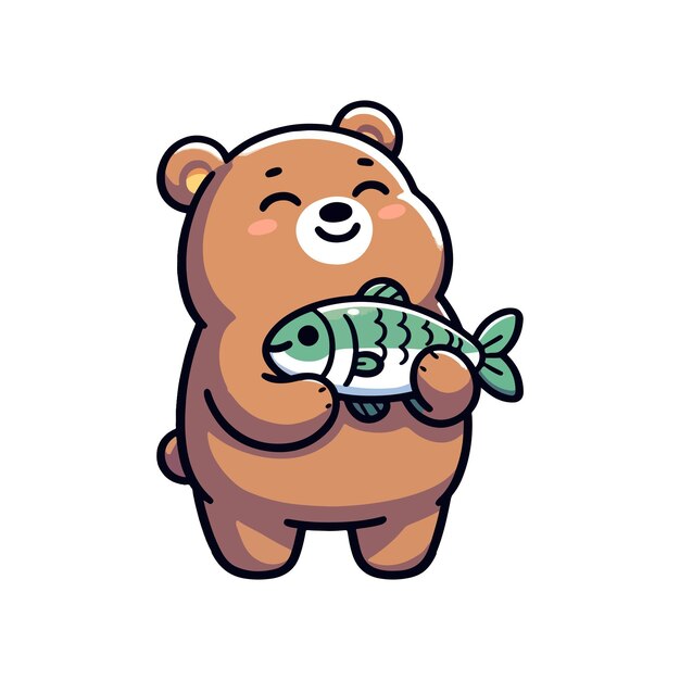 Cute icon character bear holding fish