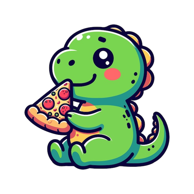 cute icon character dinosaur eating pizza