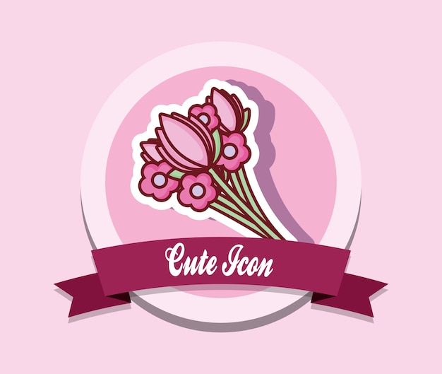 cute icon emblem with decorative ribbon and flowers icon