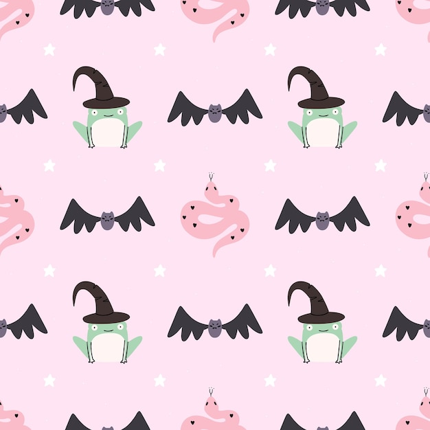 Cute illustrated halloween pattern with a frog, snake and a bat. Seamless repeated background.