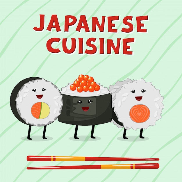 Cute illustration of Asian cuisine. Traditional Japanese kawaii rolls, sushi and sashimi.