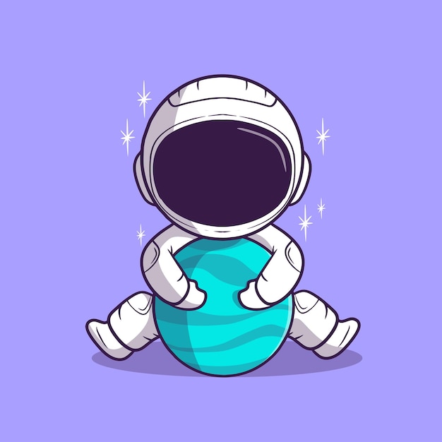 大きな惑星を保持しているかわいいイラスト宇宙飛行士のキャラクター