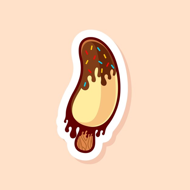 Vector cute illustration of banana ice cream with melted chocolate and sprinkles isolated