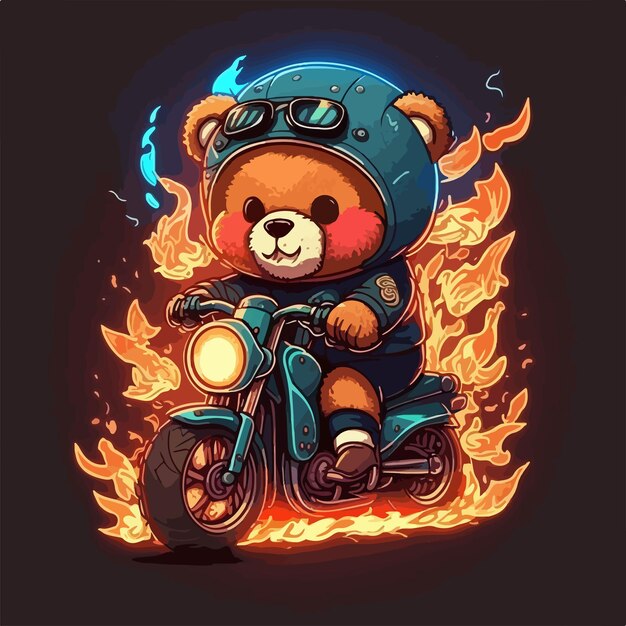 Cute illustration of a bear riding a motorbike with a burning fire