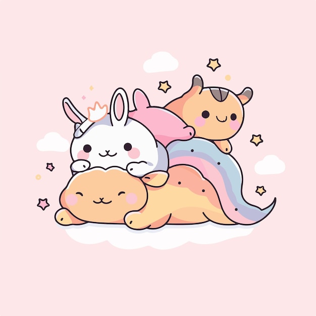 A cute illustration of a bunny and a unicorn