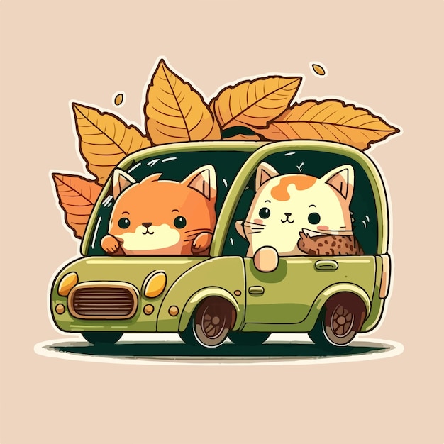 Vector cute illustration of cat driving car with leaf