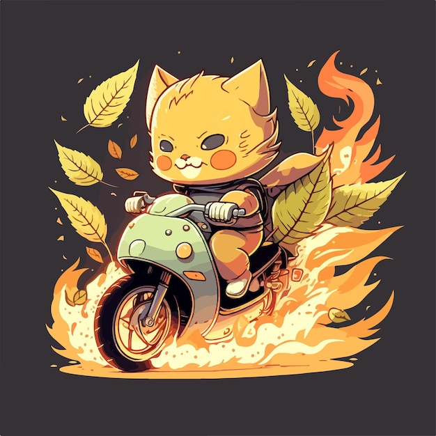 Vector cute illustration of cat riding burning bike