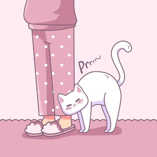 Cute illustration of cat rubbing her body on the legs of her owner