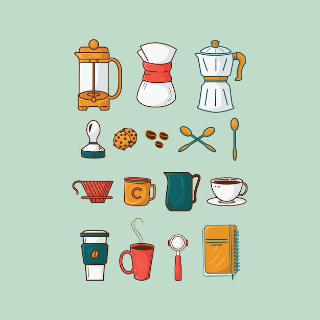 Cute illustration of coffee tools on mint background