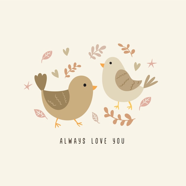 Cute illustration couple bird with floral illustration