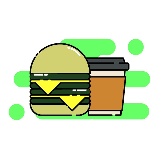 Vector cute illustration of double cheese burger and coffee with flat design style