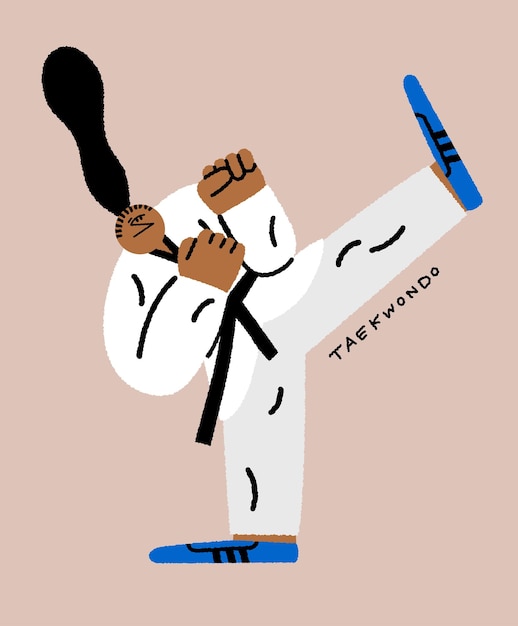 cute illustration of an excited woman practicing taekwondo