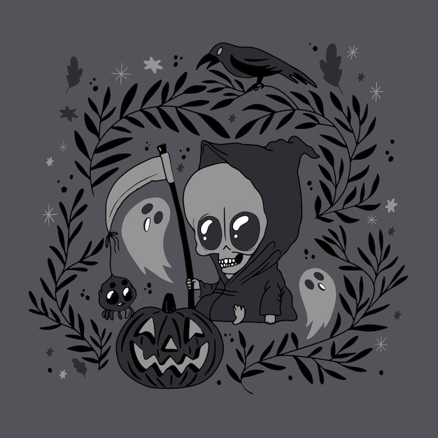 Cute illustration of a funny monster with a scythe pumpkin and haunted