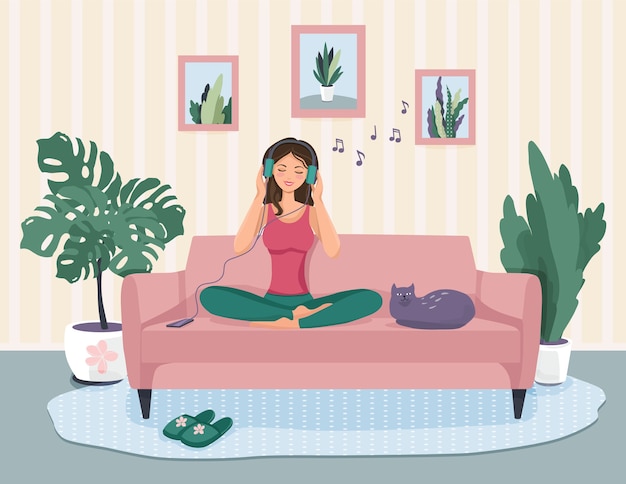 Vector cute illustration of a girl sitting on the sofa. happy listening to music.