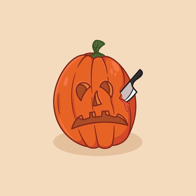 Cute illustration of halloween pumpkin with knife stuck cartoon icon