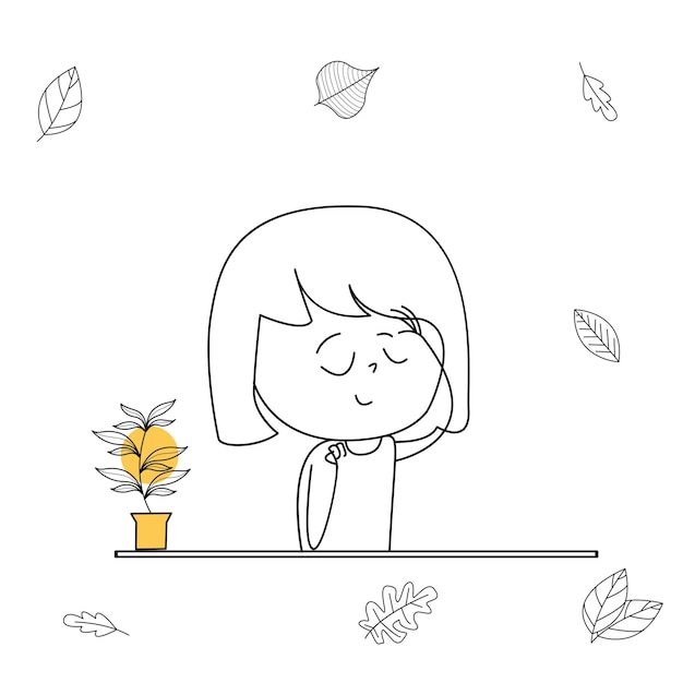 Cute illustration of happy happy girl behind media with potted plant