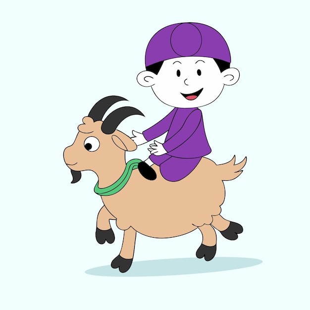 イード・アル・アダハを祝うためにヤギに乗った子供の可愛いイラスト
