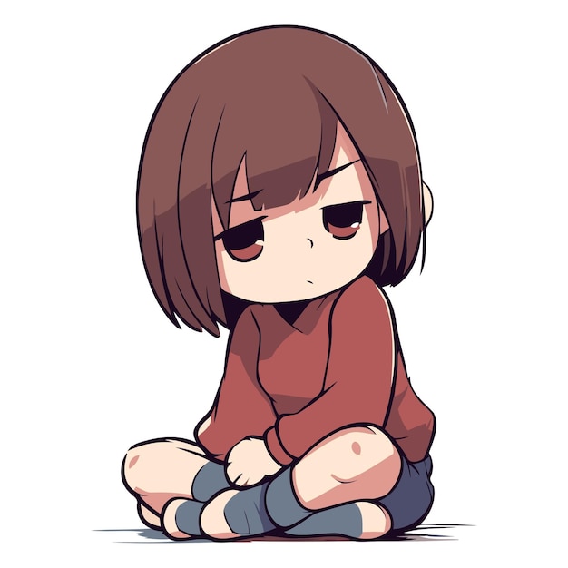 A cute illustration of a little girl sitting on the floor and thinking