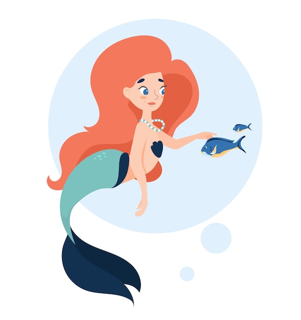 Illustrazione carina di una sirena con un pesce. simpatico personaggio delle fiabe in stile cartone animato. illustrazione vettoriale.