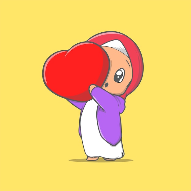 Vector cute illustration of a muslim girl hiding behind a heart pillow