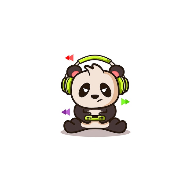 Vector cute illustration of a panda playing a game using headphones suitable for streaming profiles shirt