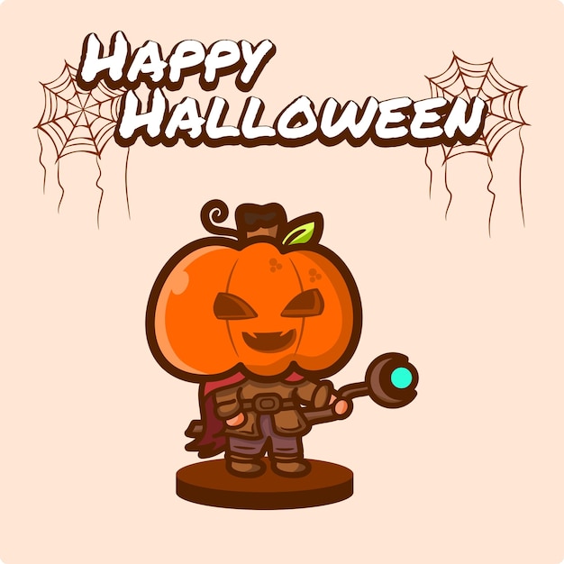 Illustrazione sveglia della strega dalla testa di zucca che tiene una bacchetta felice halloween