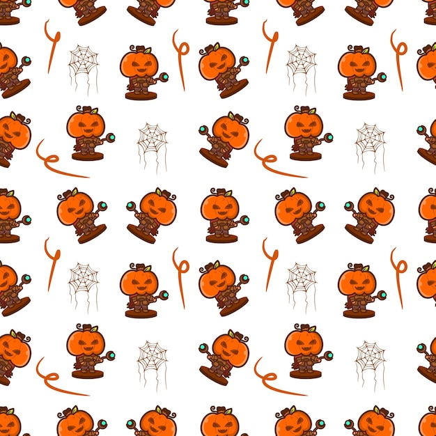 Cute illustration of pumpkinheaded witch holding a wand seamless pattern