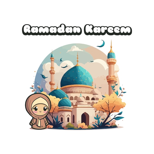 Vettore illustrazione sveglia della donna musulmana e della moschea del ramadan kareem