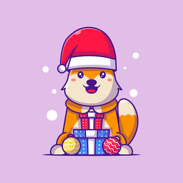 Симпатичная иллюстрация лисы Санта-Клауса с рождественским подарком с Рождеством