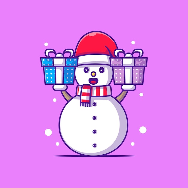 Cute illustration of snow man with christmas gift. merry christmas