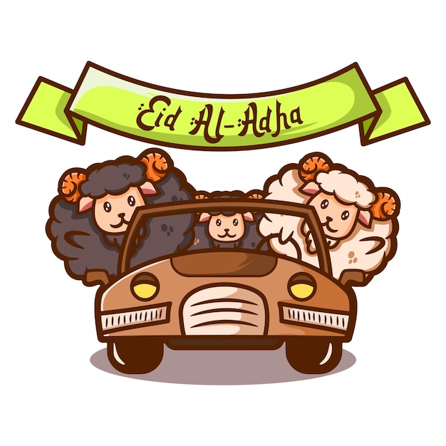 Vector cute illustration of three sheep driving a car for eid al adha mubarak greeting hand drawn style