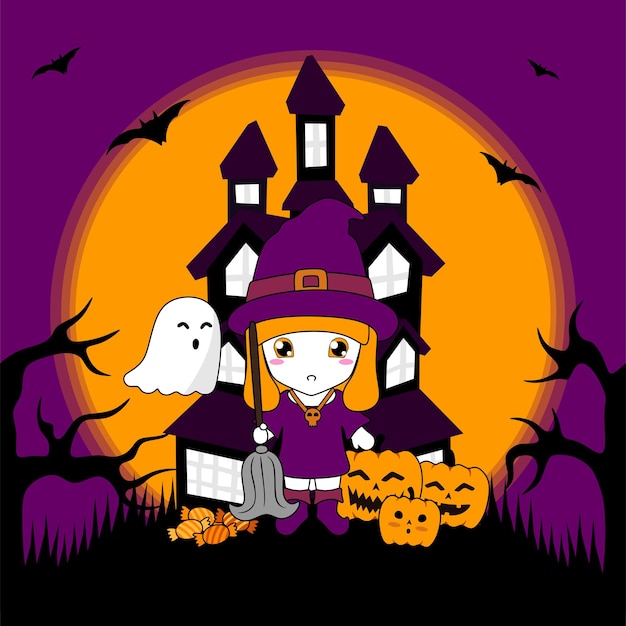 Cute illustration of a witch at happy halloween